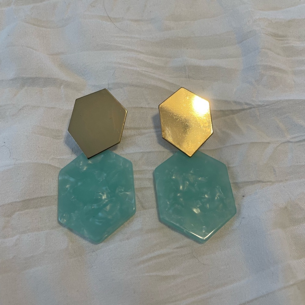 Gold and Aqua Hexagon Earrings